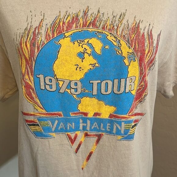 Van Halen Band Musician Tan 1979 Tour Fire Flame Graphic Shirt - Picture 4 of 8